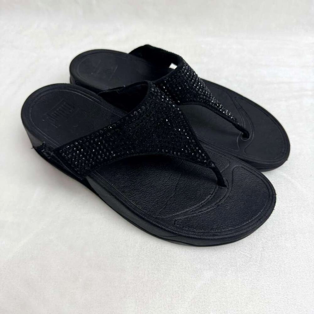 FitFlop Lulu Crystal Embellished Sandal Thong Flip Flop Wedge Slip On Black Sz 8